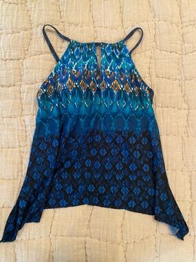 Miraclesuit Teal & Navy Ikat Halter Tankini with Gold Accents